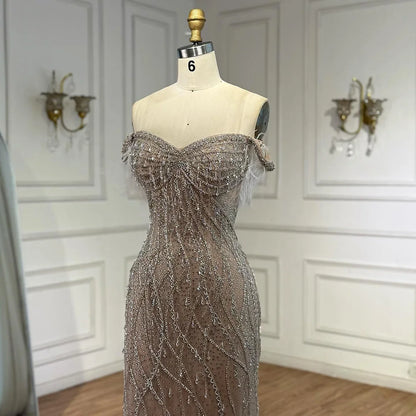 Luxury Nude Beaded Feather Mermaid Evening Dress Dubai Style LA72818 - SERENE HILL