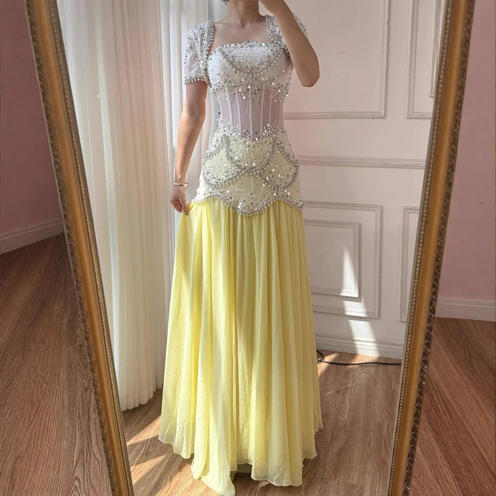Luxury Yellow Pearls A-Line Evening Dress with Flowing Coat LA72978 - SERENE HILL