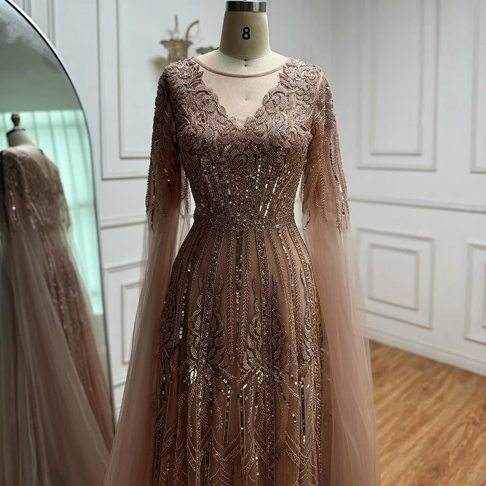 Elegant Beaded A-Line Evening Dress with Cape Sleeves LA73056 - SERENE HILL