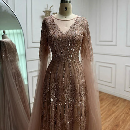 Elegant Beaded A-Line Evening Dress with Cape Sleeves LA73056 - SERENE HILL