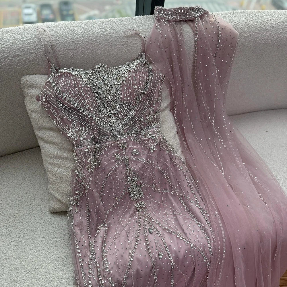 Luxury Dubai Nude Mermaid Evening Dress with Cape Sleeves LA73195 - SERENE HILL