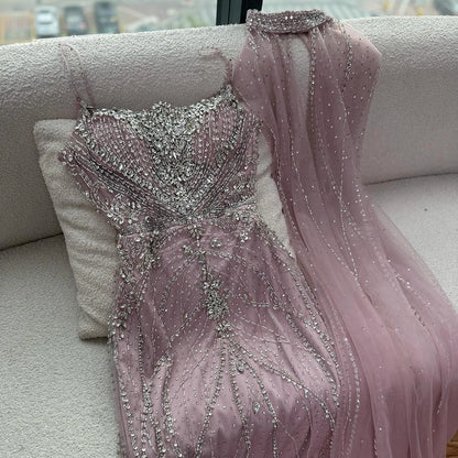 Luxury Dubai Nude Mermaid Evening Dress with Cape Sleeves LA73195 - SERENE HILL