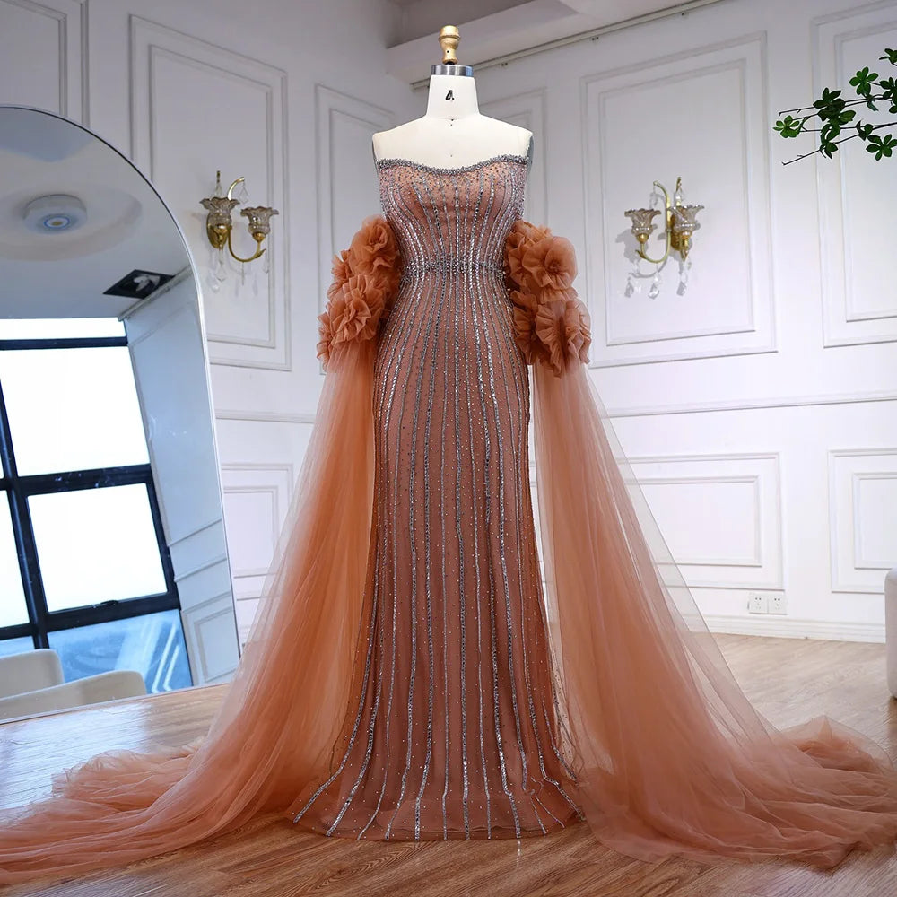 Luxury Pink Beaded Mermaid Arabic Evening Dress with Cape LA73019 - SERENE HILL