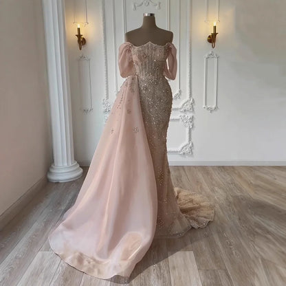 Luxury Nude Off Shoulder Pearl Beaded Mermaid Evening Dress with Overskirt LA73109 - SERENE HILL