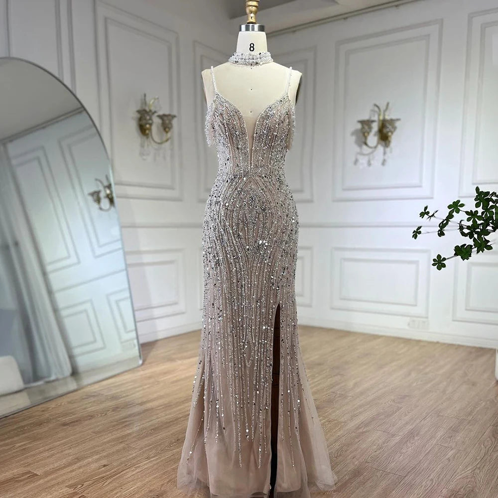 Luxury Silver Nude Beaded Evening Dress with Spaghetti Straps and High Slit LA72047C - SERENE HILL