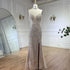 Luxury Silver Nude Beaded Evening Dress with Spaghetti Straps and High Slit LA72047C - SERENE HILL