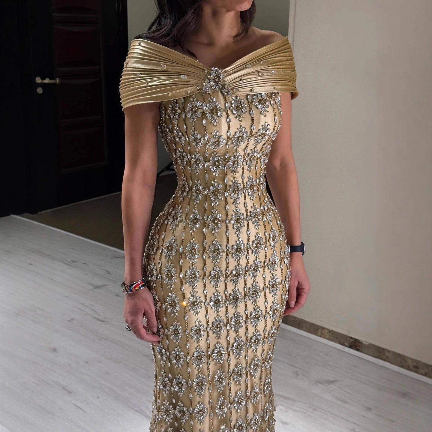 Luxury Gold Arabic Ruffles Evening Dress LA73362 - SERENE HILL