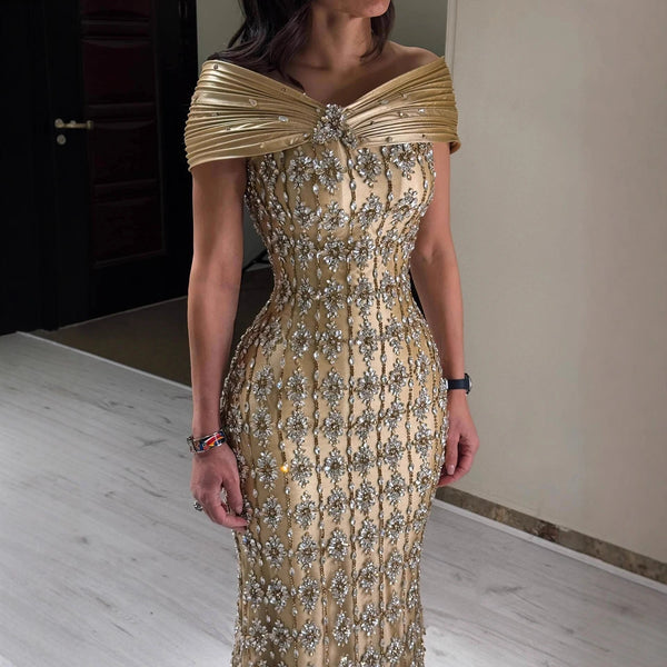 Luxury Gold Arabic Ruffles Evening Dress LA73362