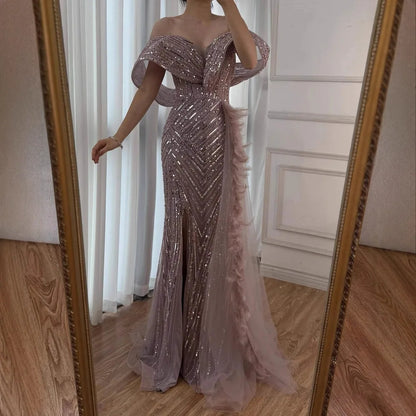 Luxury Pink Off Shoulder Beaded Feather Mermaid Evening Dress LA73111 - SERENE HILL
