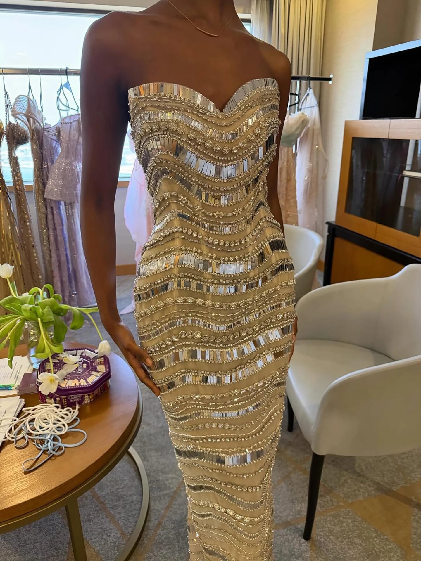 Luxury Silver Nude Beaded Mermaid Evening Dress LA73449 - SERENE HILL