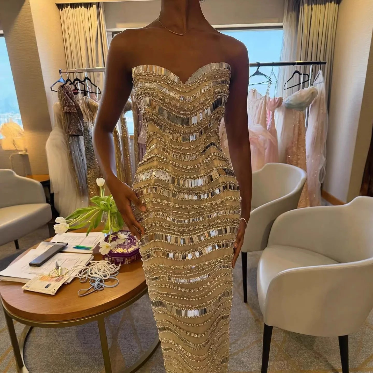 Luxury Silver Nude Beaded Mermaid Evening Dress LA73449 - SERENE HILL