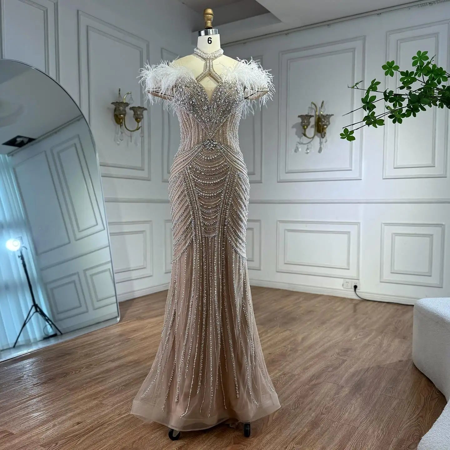 Luxury Pink Feather Halter Beaded Evening Gown for Wedding Party LA73212 - SERENE HILL