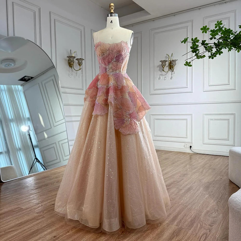 Luxury Peach Floral Appliqué A-Line Sparkly Evening Dress LA73185 - SERENE HILL