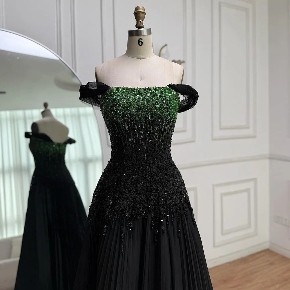 Luxury Beaded Black Green Off Shoulder Dubai Evening Dress for Party LA72406 Black Green / 14