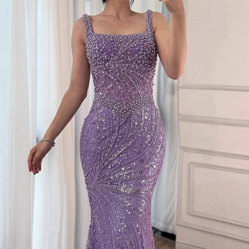 Luxury White Nude Pearl Beaded Mermaid Evening Dress LA72266 - SERENE HILL