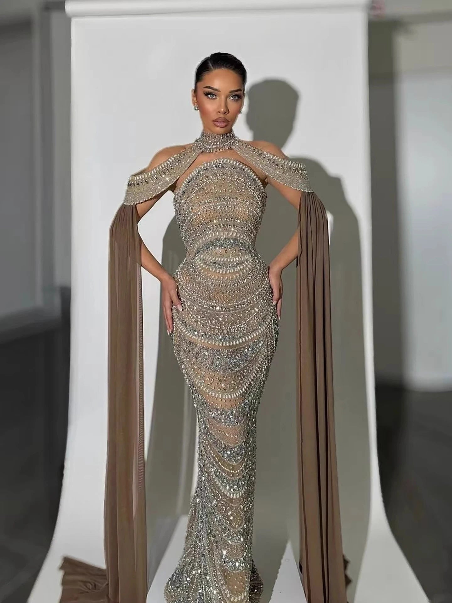 Luxury Caramel Kosovo Beaded Evening Dress with Cape LA73344 - SERENE HILL
