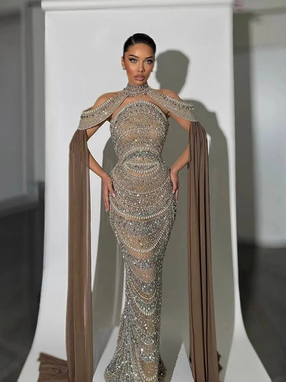 Luxury Caramel Kosovo Beaded Evening Dress with Cape LA73344 - SERENE HILL