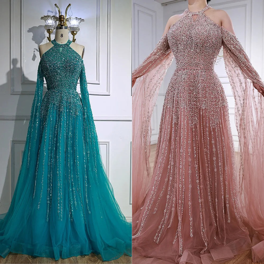 Luxury Turquoise Beaded A Line Evening Dress with Cape Sleeves LA72820 - SERENE HILL
