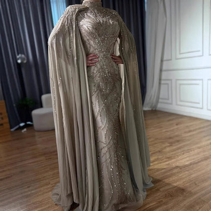 Modest Muslim Sage Green Evening Dress with Cape Long Sleeves LA72413A - SERENE HILL