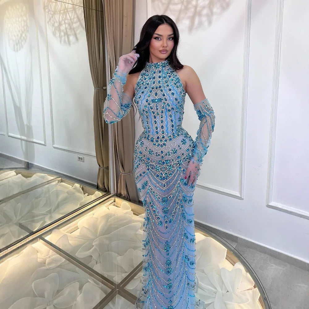 Luxury Dubai Arabic Blue Beaded Evening Dress with Gloves LA72760A - SERENE HILL