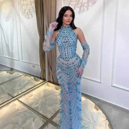 Luxury Dubai Arabic Blue Beaded Evening Dress with Gloves LA72760A - SERENE HILL