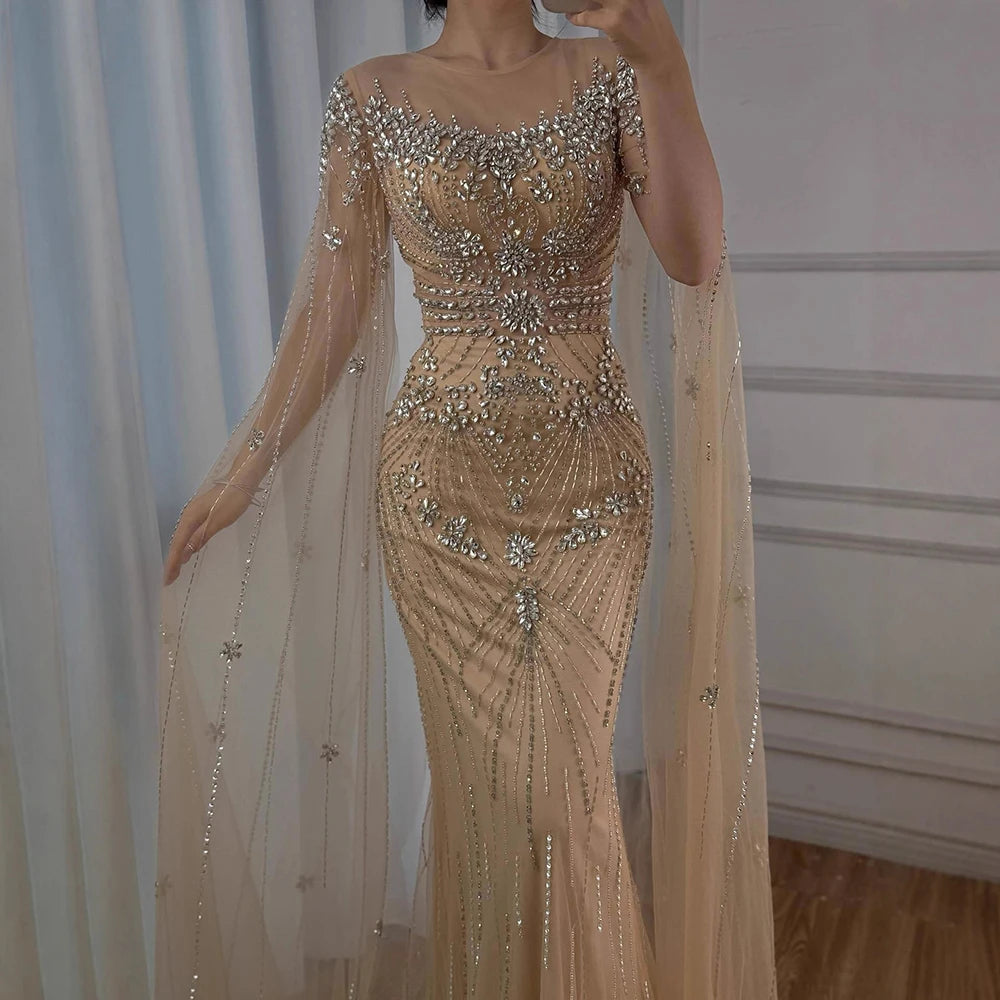 Luxury Pink Arabic Crystal Beaded Mermaid Evening Dress with Cape Sleeves LA73137 - SERENE HILL