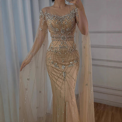 Luxury Pink Arabic Crystal Beaded Mermaid Evening Dress with Cape Sleeves LA73137 - SERENE HILL