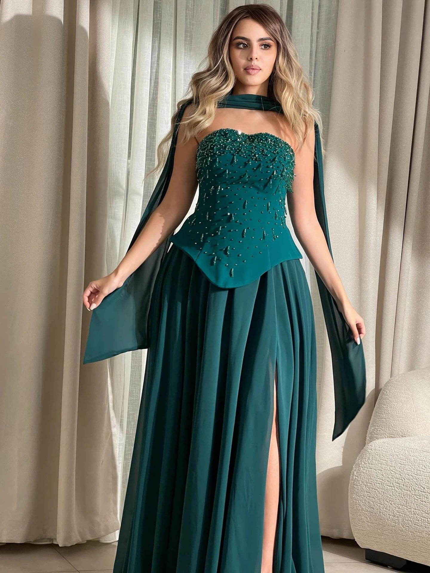 Luxury Green Beaded Corset Evening Dress with Cape LA73367 - SERENE HILL