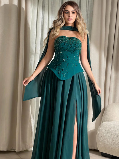 Luxury Green Beaded Corset Evening Dress with Cape LA73367 - SERENE HILL