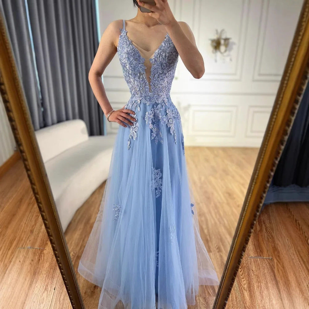 Luxury Sage Green Lace A-Line Prom Dress with Spaghetti Straps LA73005 - SERENE HILL
