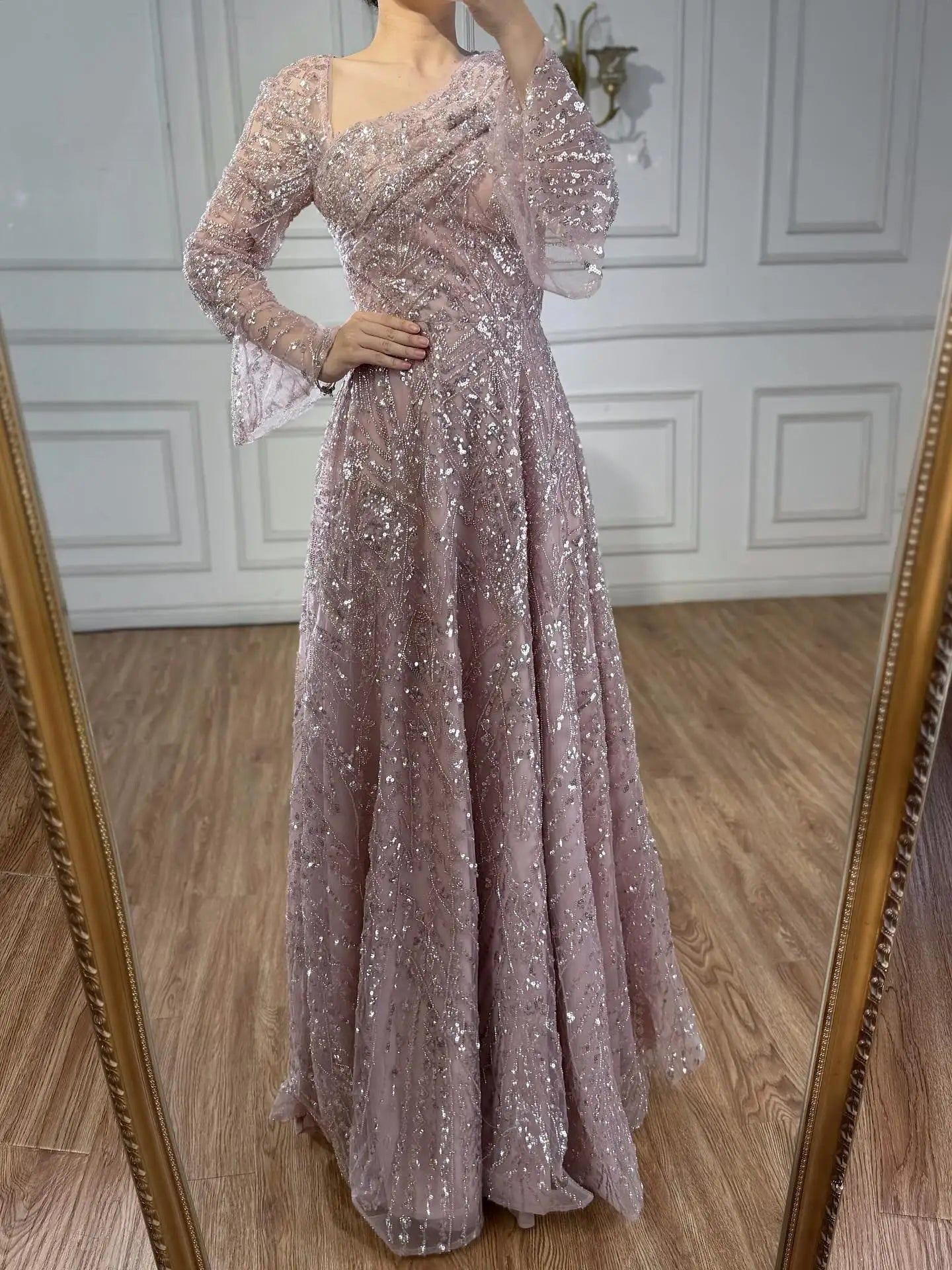 Luxury Turquoise Beaded A-Line Evening Dress with Puffy Sleeves LA73177 - SERENE HILL