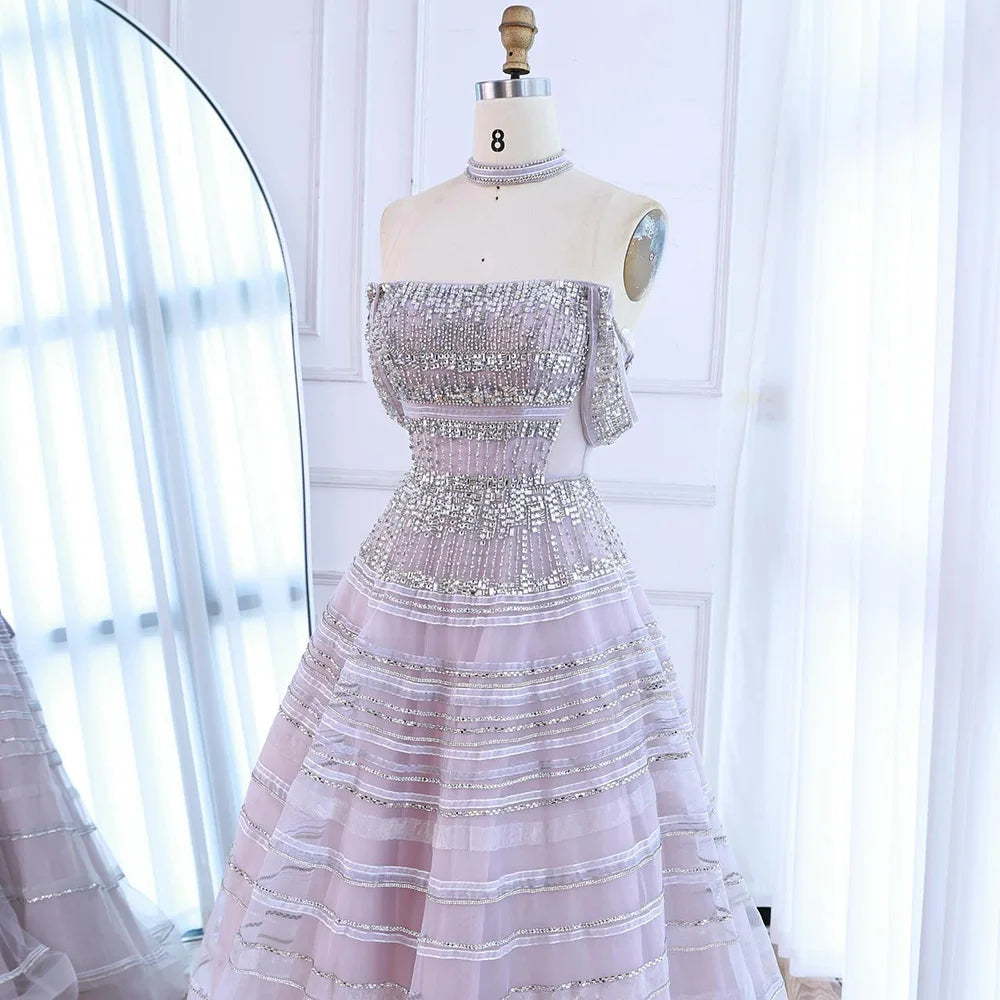Luxury  Blue Cinderella Off Shoulder A-Line Beaded Evening Dress LA73079 - SERENE HILL