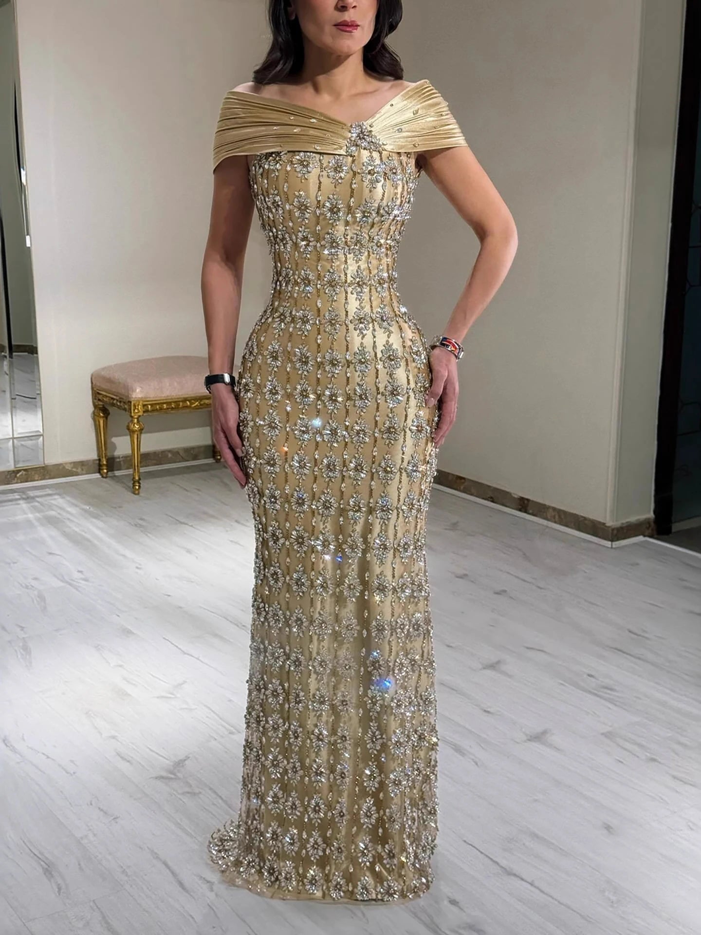 Luxury Gold Arabic Ruffles Evening Dress LA73362 - SERENE HILL