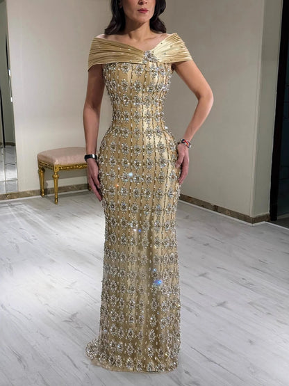 Luxury Gold Arabic Ruffles Evening Dress LA73362 - SERENE HILL