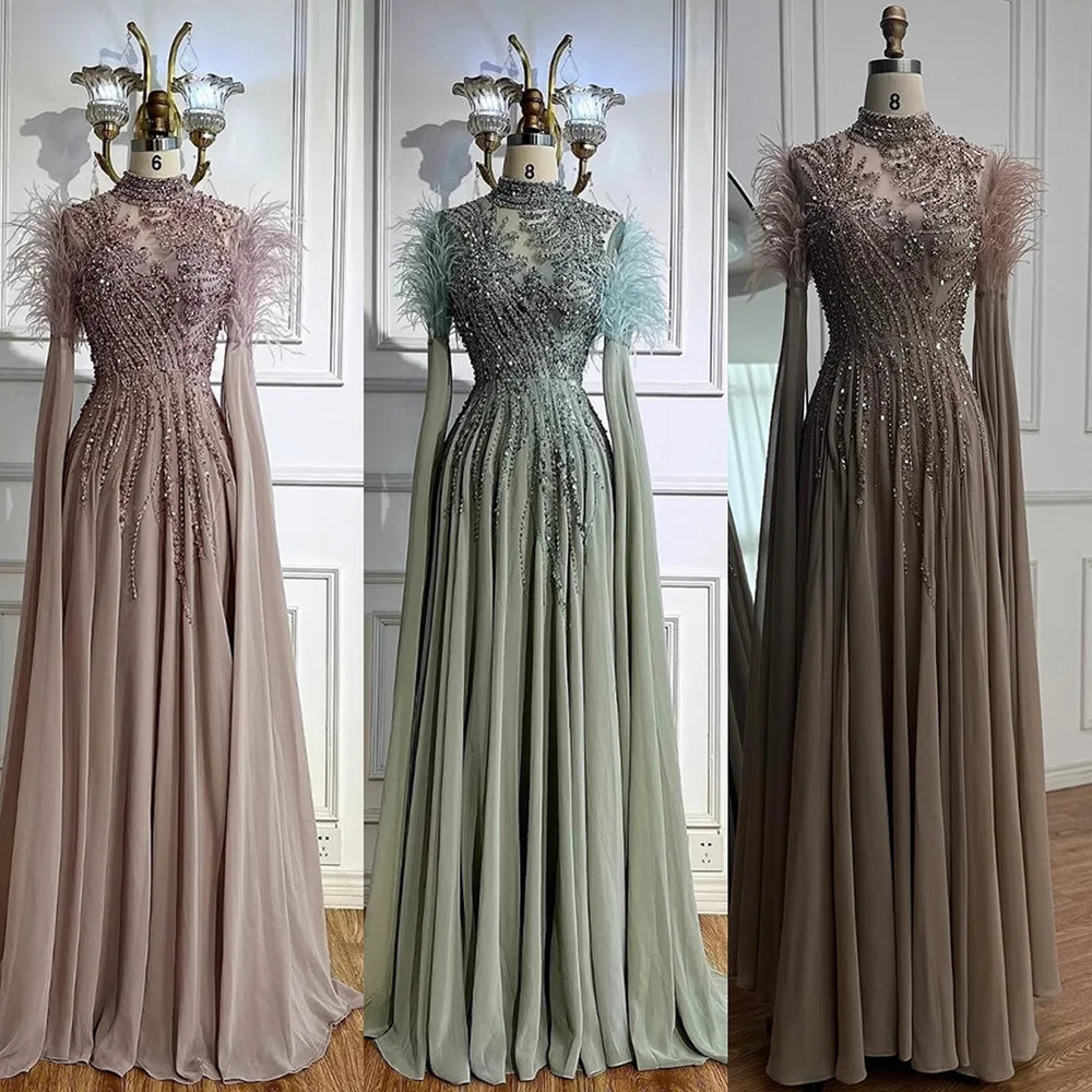 Luxury Pink Feather Beaded Evening Dress with Long Cape Sleeves LA72982 - SERENE HILL