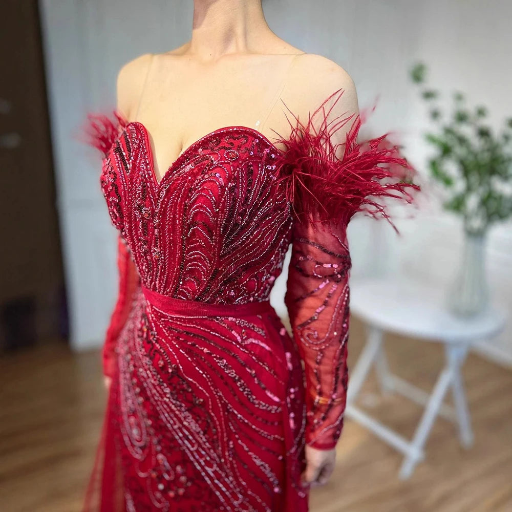 Luxury Arabic Nude Mermaid High Split Feather Beaded Evening Dress LA71910 - SERENE HILL