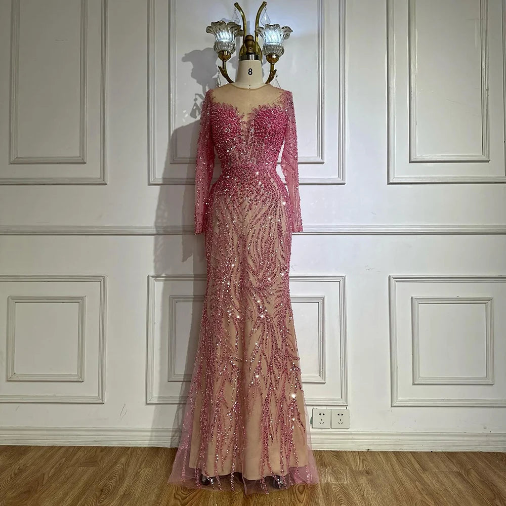 Serene Hill Blue Elegant Mermaid Dubai Arabia Luxury Beaded Pearls Evening Dresses Gowns 2025 For Women Wedding Party LA72264 - SERENE HILL