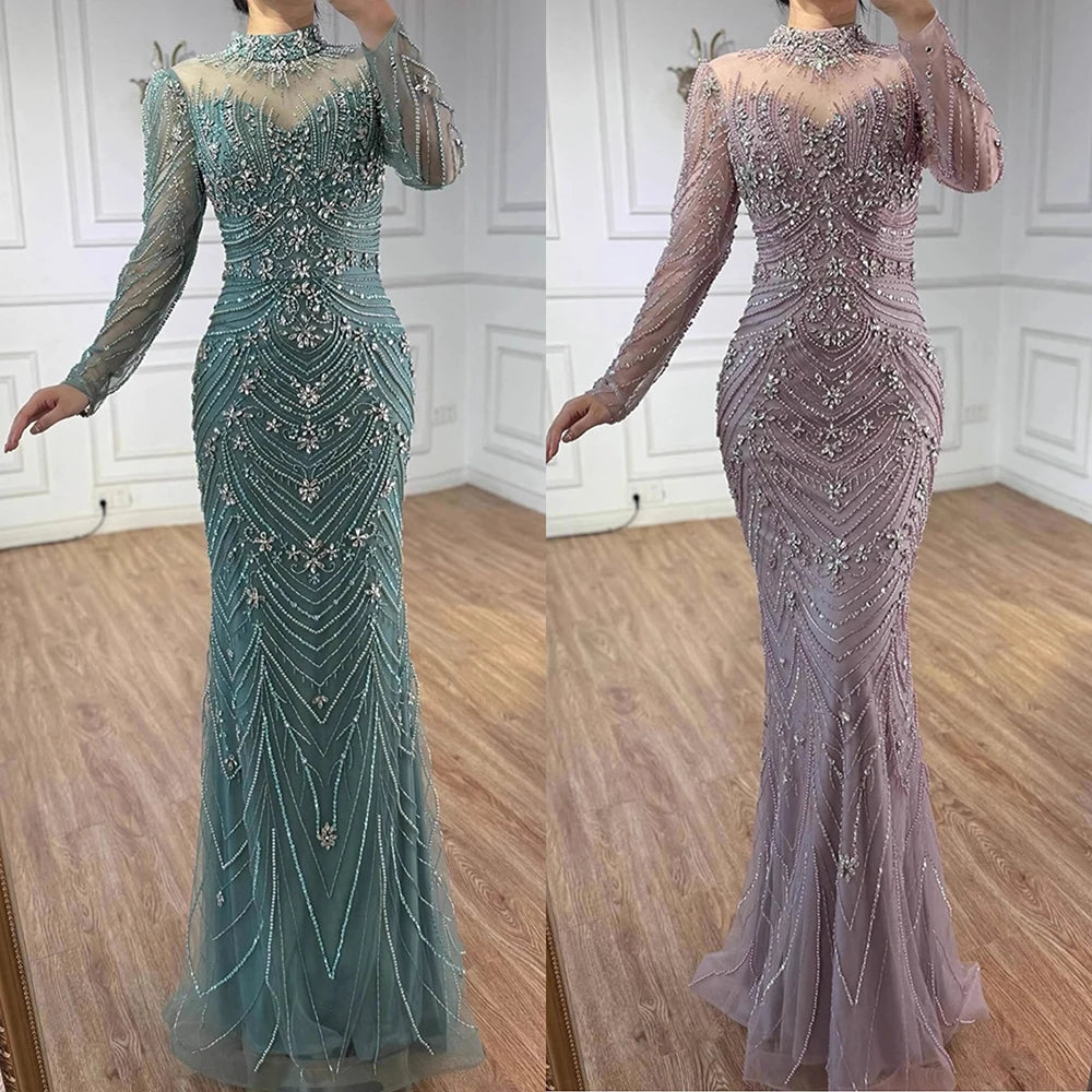 Luxury Pink Beaded Mermaid Evening Dress Long Sleeve LA73158 - SERENE HILL