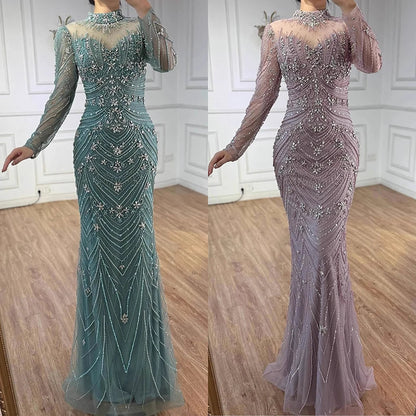 Luxury Pink Beaded Mermaid Evening Dress Long Sleeve LA73158 - SERENE HILL