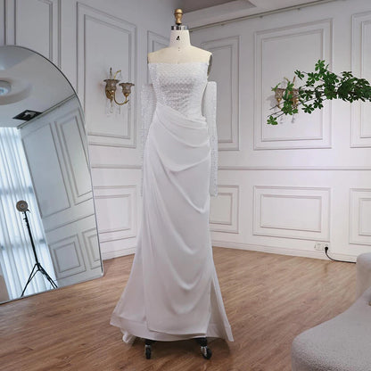 White Beaded Evening Dress with Detachable Sleeves LA72293A - SERENE HILL