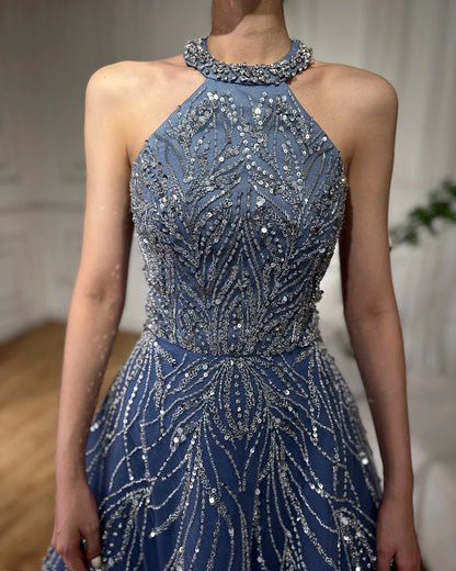Serene Hill Elegant Blue Arabic A-line Halter Gown Luxury Dubai Evening Dress for Women Wedding Party 2025 LA72302 - SERENE HILL