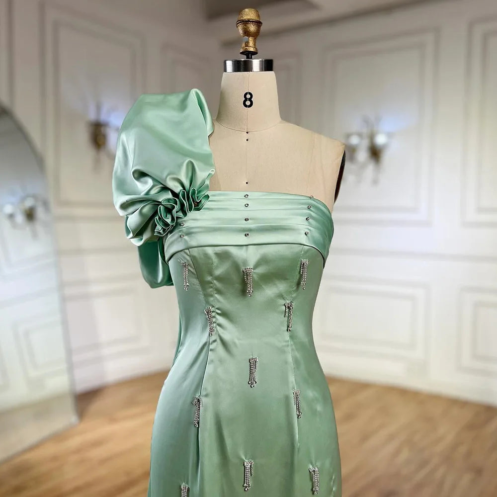 Serene Hill Arabic Sage Green One Shoulder with Cape Luxury Crystal Dubai Evening Dress Gowns for Women&