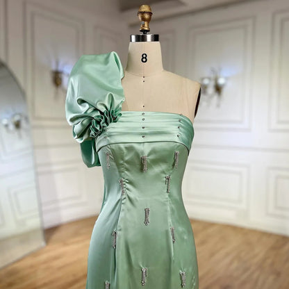 Serene Hill Arabic Sage Green One Shoulder with Cape Luxury Crystal Dubai Evening Dress Gowns for Women&