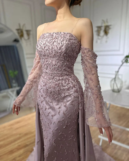 Dubai Luxury Blue Beaded Pearls Evening Gown with Overskirt LA72705 - SERENE HILL