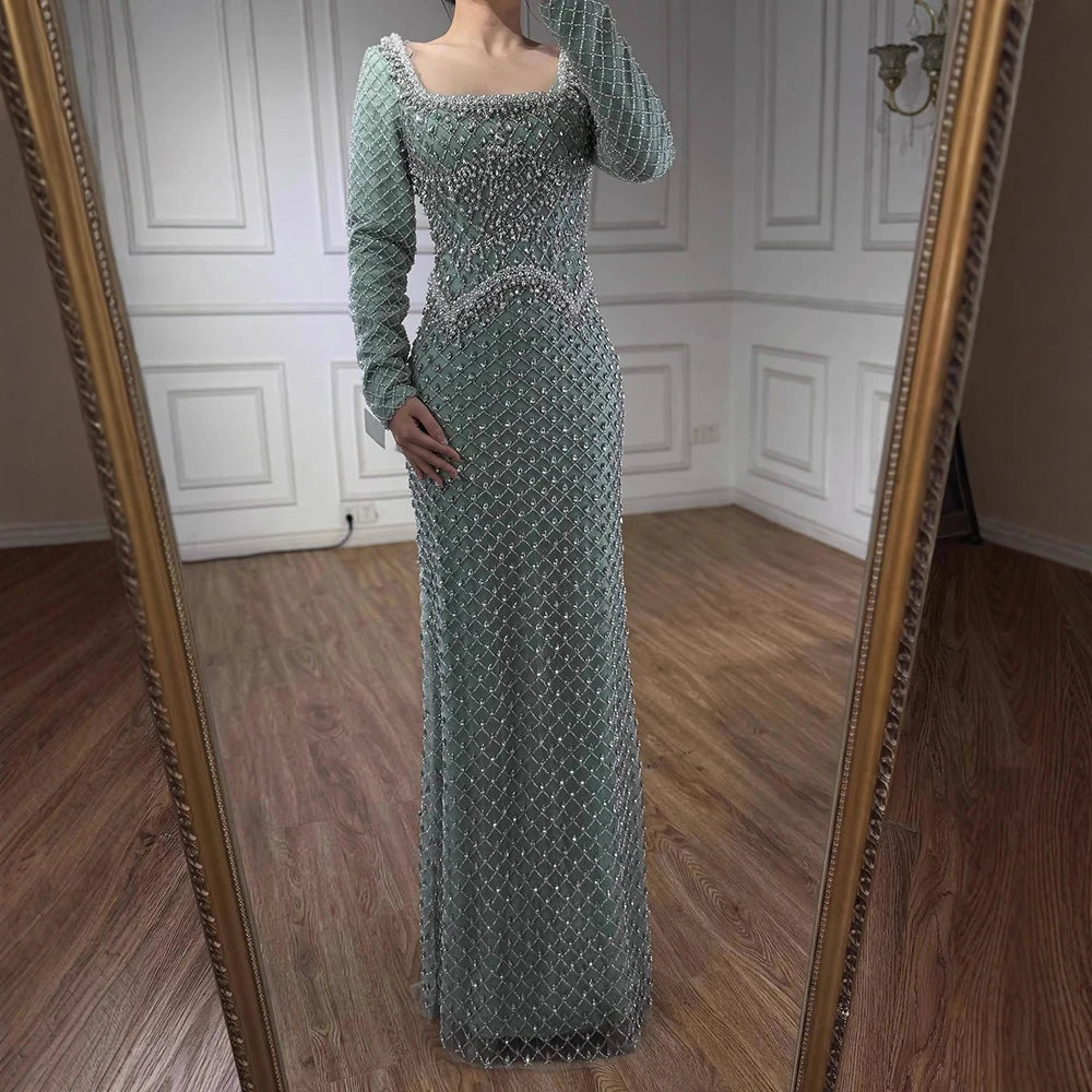 Modest Pearl Beaded Mermaid Evening Dress with Long Sleeves LA72919A - SERENE HILL