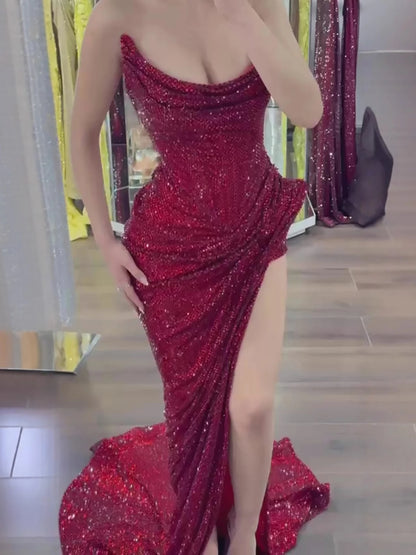 Luxury Evening Dress Wine Red Beaded High Slit Draped Mermaid Gown LA73390 - SERENE HILL