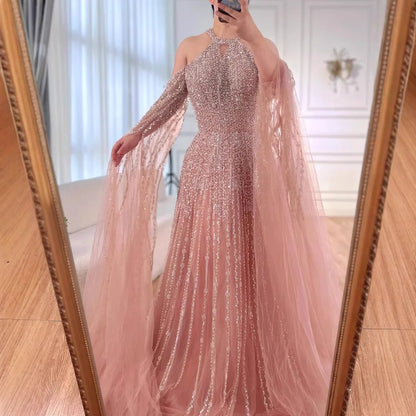 Luxury Turquoise Beaded A Line Evening Dress with Cape Sleeves LA72820 - SERENE HILL
