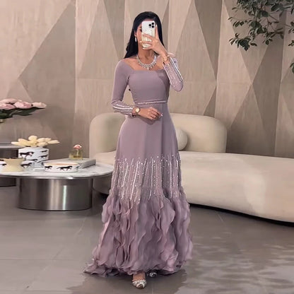 Luxury Lilac Ruffles Dubai Evening Dress Saudi Wedding Party LA72952 - SERENE HILL