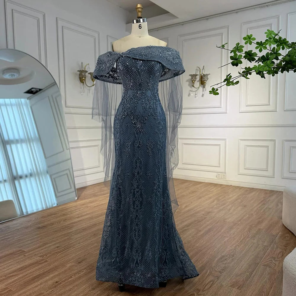 Luxury Blue Lace Off Shoulder Evening Dress for Women LA73125 - SERENE HILL