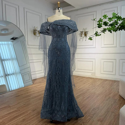 Luxury Blue Lace Off Shoulder Evening Dress for Women LA73125 - SERENE HILL